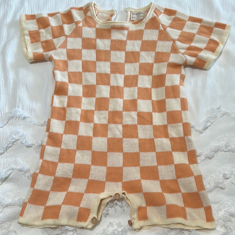 Checkered Kids One Piece in Orange and Cream